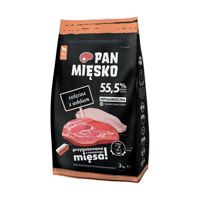 Pan Mięsko Karma sucha dla psa - cielęcina i indyk chrupki M 3kg