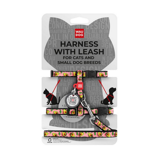 Collar WauDog Nylon Szelki ze smyczą nylonowe anatomiczne w kształcie litery H, z QR-paszportem, plastikowy fastex, wzór AWOKADO