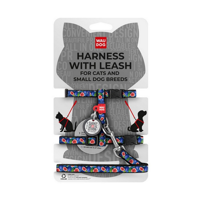 Collar WauDog Nylon Szelki ze smyczą nylonowe anatomiczne w kształcie litery H, z QR-paszportem, plastikowy fastex, wzór FIGA, r