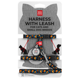 Collar WauDog Nylon Szelki ze smyczą nylonowe anatomiczne w kształcie litery H, z QR-paszportem, plastikowy fastex, wzór POMARAŃ