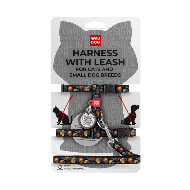 Collar WauDog Nylon Szelki ze smyczą nylonowe anatomiczne w kształcie litery H, z QR-paszportem, plastikowy fastex, wzór POMARAŃ