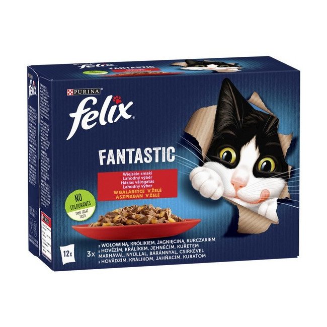 Felix Fantastic Wiejskie Smaki w galaretce kurczak/wołowina/królik/jagnięcina saszetki 12x85g