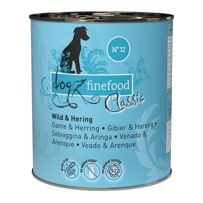 Dogz Finefood Classic N.12 Dziczyzna i śledź puszka 800g