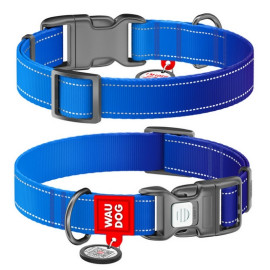 Collar WauDog Nylon Mono Obroża nylonowa odblaskowa z QR-paszportem, plastikowy fastex, L 25mm/33-49cm niebieska