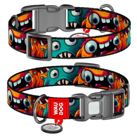 Collar WauDog Nylon Obroża nylonowa z QR-paszportem, plastikowy fastex, wzór ZĘBATE POTWORY, L 25mm/33-49cm