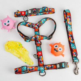 Collar WauDog Nylon Obroża nylonowa z QR-paszportem, plastikowy fastex, wzór ZĘBATE POTWORY, L 25mm/33-49cm