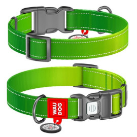 Collar WauDog Nylon Mono Obroża nylonowa odblaskowa z QR-paszportem, plastikowy fastex, M 20mm/28-40cm jasnozielona