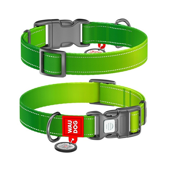 Collar WauDog Nylon Mono Obroża nylonowa odblaskowa z QR-paszportem, plastikowy fastex, M 20mm/28-40cm jasnozielona