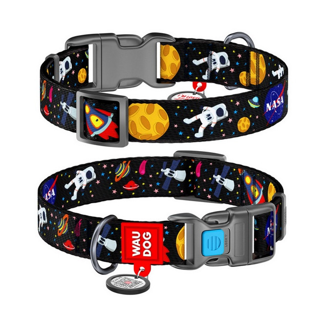 Collar WauDog Nylon Obroża nylonowa z QR-paszportem, plastikowy fastex, wzór NASA, 20mm/28-40cm