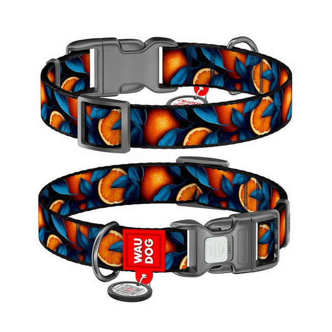 Collar WauDog Nylon Obroża nylonowa z QR-paszportem, plastikowy fastex, wzór POMARAŃCZE, 20mm/28-40cm