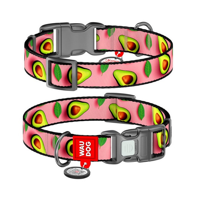 Collar WauDog Nylon Obroża nylonowa z QR-paszportem, plastikowy fastex, wzór AWOKADO NA RÓŻU, M 20mm/28-40cm