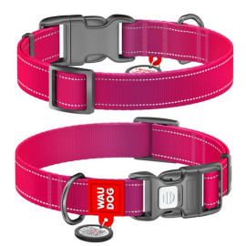 Collar WauDog Nylon Mono Obroża nylonowa odblaskowa z QR-paszportem, plastikowy fastex, S 15mm/25-35cm różowa