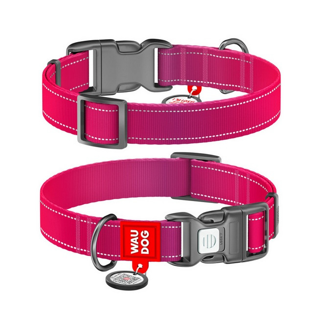 Collar WauDog Nylon Mono Obroża nylonowa odblaskowa z QR-paszportem, plastikowy fastex, S 15mm/25-35cm różowa