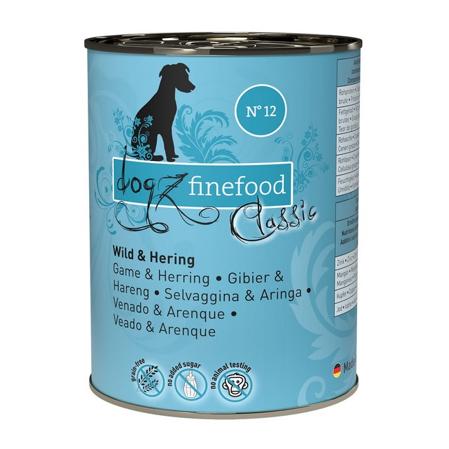 Dogz Finefood Classic N.12 Dziczyzna i śledź puszka 400g
