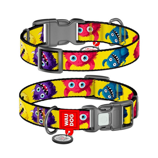 Collar WauDog Nylon Obroża nylonowa z QR-paszportem, plastikowy fastex, wzór FUTRZANE POTWORY, S 15mm/25-35cm