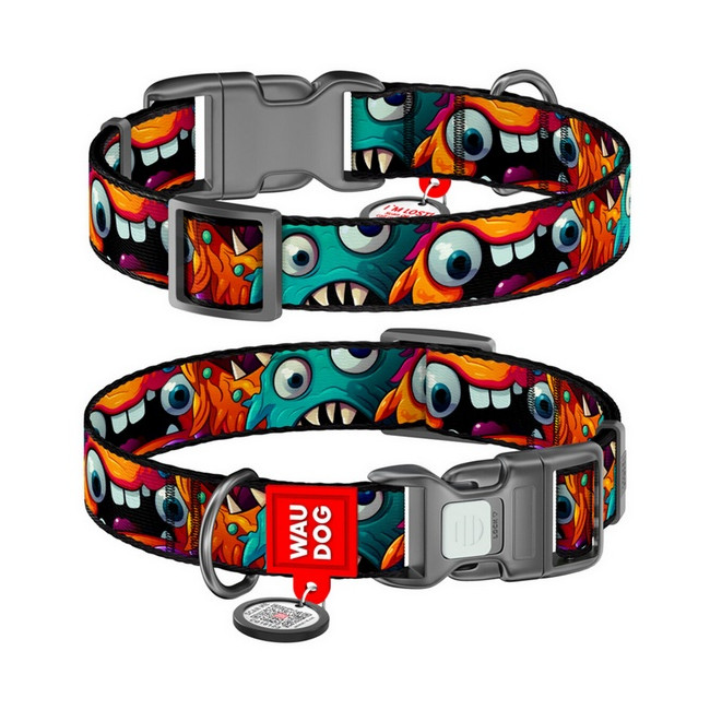 Collar WauDog Nylon Obroża nylonowa z QR-paszportem, plastikowy fastex, wzór ZĘBATE POTWORY, S 15mm/25-35cm