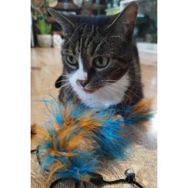 Dingo Wędka dla kota - ogonek z piór niebiesko-pomarańczowy