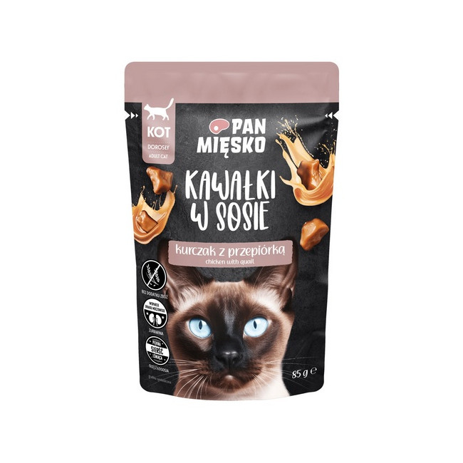Pan Mięsko Karma mokra dla kota - kurczak i przepiórka kawałki w sosie saszetka 85g