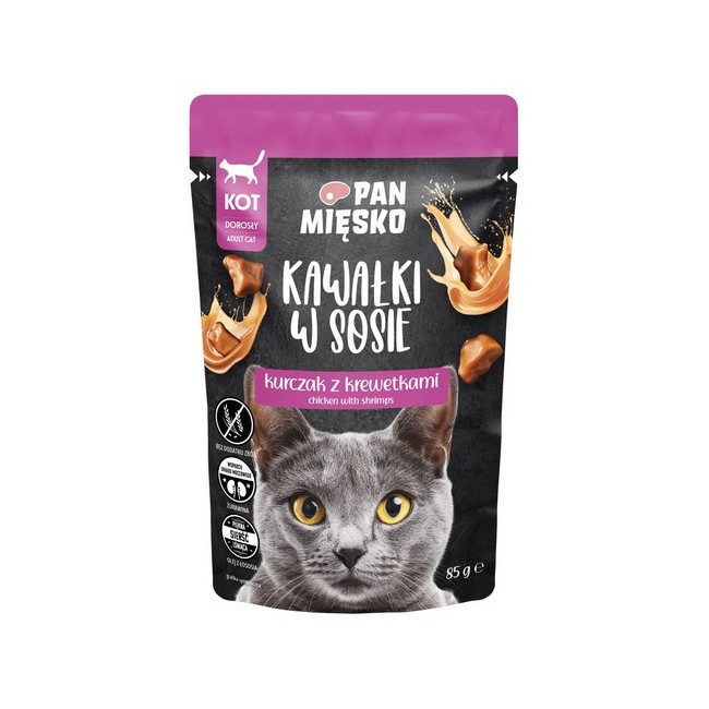 Pan Mięsko Karma mokra dla kota - kurczak i krewetki kawałki w sosie saszetka 85g