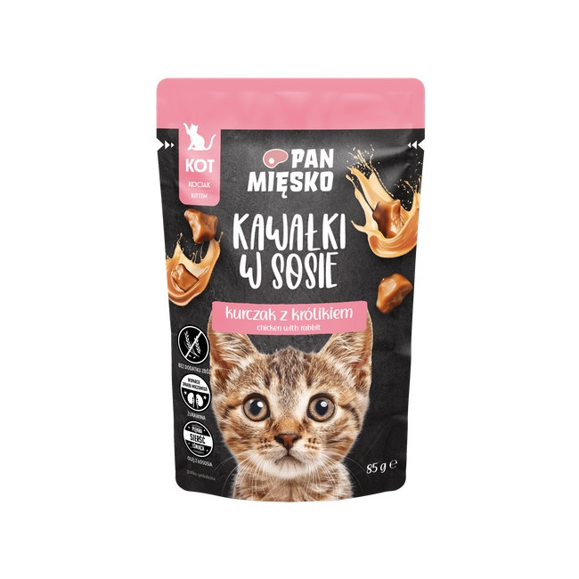 Pan Mięsko Karma mokra dla kota - Kitten kurczak i królik kawałki w sosie saszetka 85g