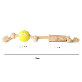 Dingo Psia-Kawka Gryzak z drewna kawowego sznur z piłką tenisową 33cm